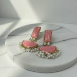 Pink Cracked Resin & Mini Pearl Tassel Earrings - Image 2