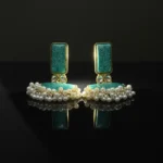 Green Cracked Resin & Pearl Jhumka Drop Earrings - Image 3