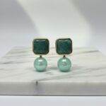 Emerald Cracked Resin & Mint Pearl Drop Earrings - Image 3