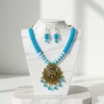 Azure Bloom Oxidized Gold Pendant Necklace Set with Sky Blue Beads - Image 2