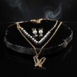 Elegant Layered Pearl Necklace & Earring Set - Flower Pendant & Heart Studs