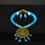 Azure Bloom Oxidized Gold Pendant Necklace Set with Sky Blue Beads - Image 6