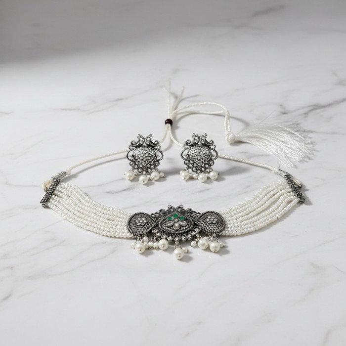 8_optimized Trending Silver Choker Necklace Set with Earrings for Women & Girls - Image 1