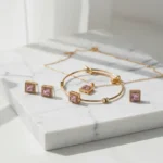 Gold Plated Square Pink Stone Jewelry Set for Women | Necklace, Bracelet & Earrings - Image 2