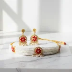 Elegant Gold-Plated Pearl & Red Stone Choker Necklace Set with Earrings for Women  - Image 2