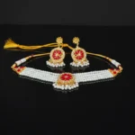 Elegant Gold-Plated Pearl & Red Stone Choker Necklace Set with Earrings for Women  - Image 3