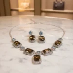 Elegant Brown & Silver Rhinestone Jewelry Set - Necklace & Earrings for Women