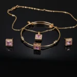 Gold Plated Square Pink Stone Jewelry Set for Women | Necklace, Bracelet & Earrings - Image 3