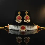 Elegant Gold-Plated Pearl & Red Stone Choker Necklace Set with Earrings for Women 