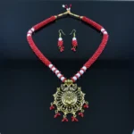 Maroon & Gold Traditional Indian Necklace Set with Pearl & Beaded Details - Image 3
