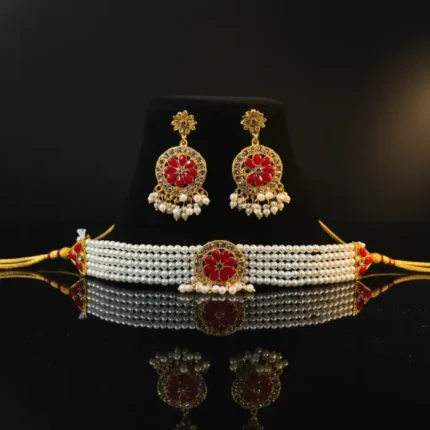 Elegant Gold-Plated Pearl & Red Stone Choker Necklace Set with Earrings for Women 