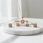 Gold Plated Square Pink Stone Jewelry Set for Women | Necklace, Bracelet & Earrings - Image 4