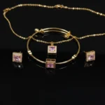 Gold Plated Square Pink Stone Jewelry Set for Women | Necklace, Bracelet & Earrings - Image 5