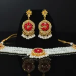 Elegant Gold-Plated Pearl & Red Stone Choker Necklace Set with Earrings for Women  - Image 4