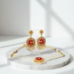 Elegant Gold-Plated Pearl & Red Stone Choker Necklace Set with Earrings for Women  - Image 5