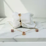 Gold Plated Square Pink Stone Jewelry Set for Women | Necklace, Bracelet & Earrings - Image 7