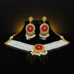 Elegant Gold-Plated Pearl & Red Stone Choker Necklace Set with Earrings for Women  - Image 6