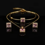 Gold Plated Square Pink Stone Jewelry Set for Women | Necklace, Bracelet & Earrings - Image 8