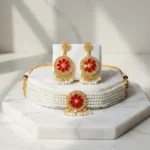 Elegant Gold-Plated Pearl & Red Stone Choker Necklace Set with Earrings for Women  - Image 7