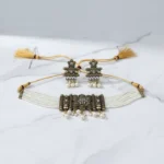 Elegant Pearl & Oxidized Choker Necklace Set with Matching Earrings - Image 3