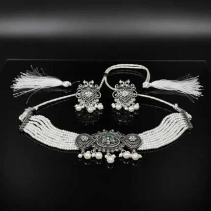 Sonerri Oxidized Silver Choker Necklace Set with White Pearls & Matching Earrings