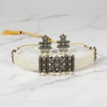 Elegant Pearl & Oxidized Choker Necklace Set with Matching Earrings