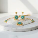 Elegant Pearl & Kundan Choker Necklace Set with Earrings - Sky Blue & White  - Image 2