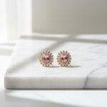 Rose Gold Plated Stud Earrings with Pink Stone & White Accents - Elegant & Stylish - Image 3