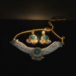 Elegant Pearl & Kundan Choker Necklace Set with Earrings - Sky Blue & White  - Image 3