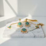 Elegant Pearl & Kundan Choker Necklace Set with Earrings - Sky Blue & White  - Image 4