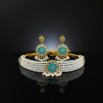 Elegant Pearl & Kundan Choker Necklace Set with Earrings - Sky Blue & White  - Image 5