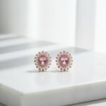 Rose Gold Plated Stud Earrings with Pink Stone & White Accents - Elegant & Stylish - Image 5