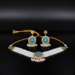 Elegant Pearl & Kundan Choker Necklace Set with Earrings - Sky Blue & White  - Image 7