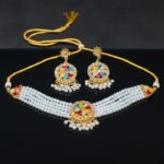 Elegant Gold-Plated Pearl & Red Stone Choker Necklace Set with Earrings for Women 