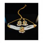Elegant Gold-Plated Pearl & Red Stone Choker Necklace Set with Earrings for Women  - Image 7