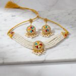 Elegant Gold-Plated Pearl & Red Stone Choker Necklace Set with Earrings for Women  - Image 2