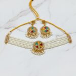Elegant Gold-Plated Pearl & Red Stone Choker Necklace Set with Earrings for Women  - Image 3
